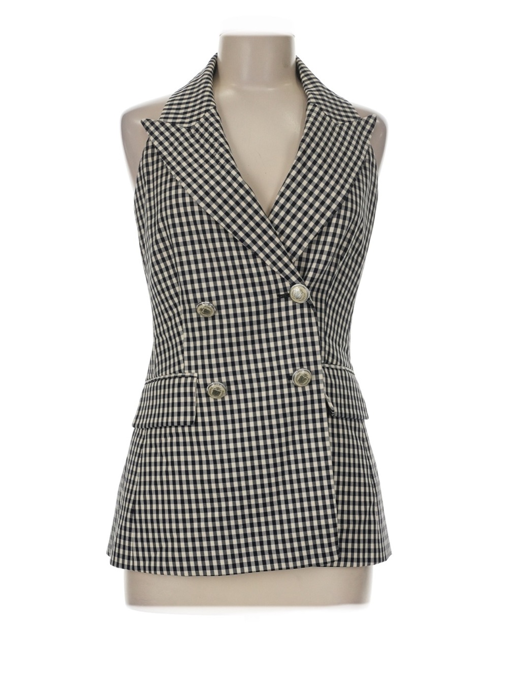 VERONICA BEARD Gingham Black & White Double-Breasted Sleeveless Vest Halter Top
